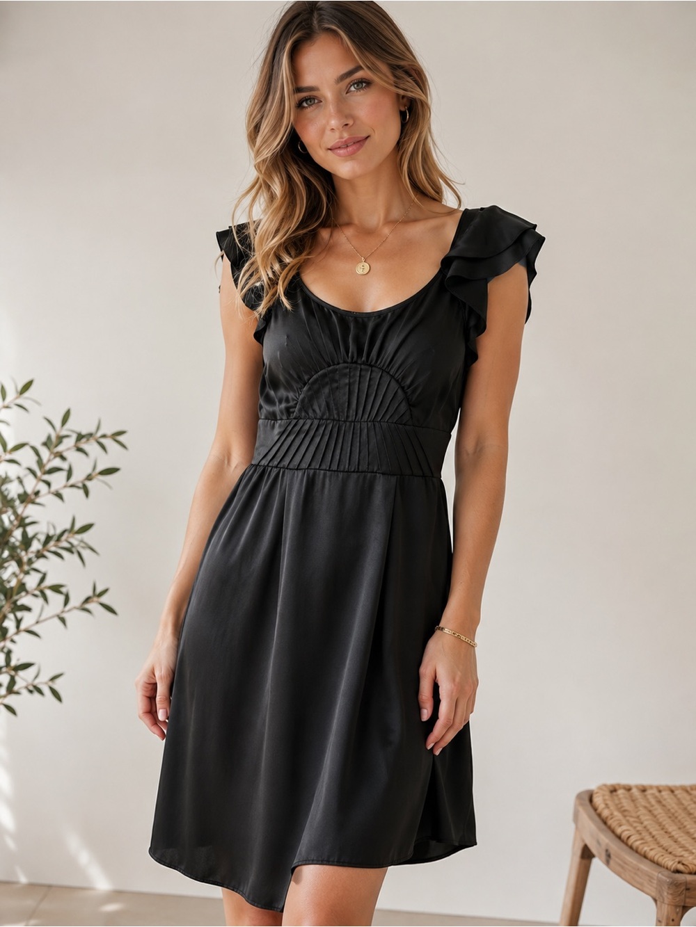 Gianni Bini 100% Silk Black Cocktail Dress Corset Flutter Sleeve Babydoll Size 2